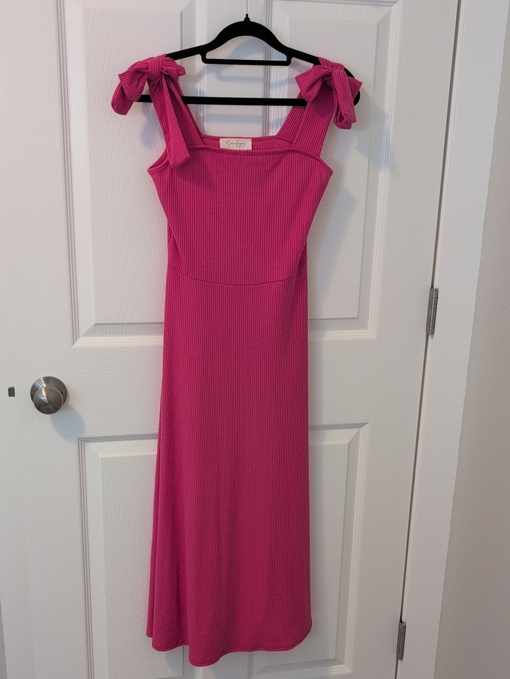 Jessica Simpson Hot Pink Ribbed Midi Dress with Tie Shoulders
